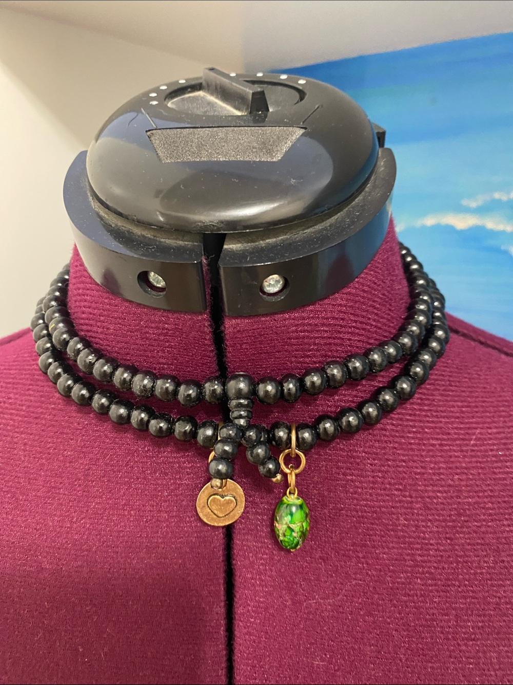 Multi-Strand Black Beaded Choker Necklace with Green Glass Pendant